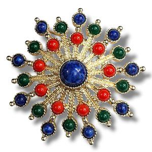 Designer Brooch Signed Sarah Coventry 60’s Red Blue Burst Pattern